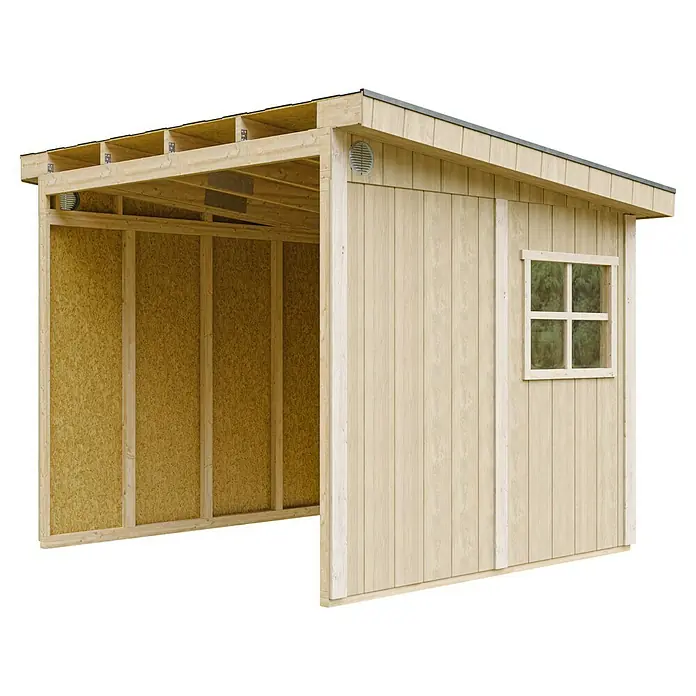 Timbela Gerätehaus M938B - Außenmaß inkl. Dachüberstand (B x T): 248 x 294 cm, Holz, Natur - Ansicht eines unbehandelten Holzgartenschuppens mit einem Fenster und einem offenen Bereich, der die innere Holzkonstruktion zeigt.