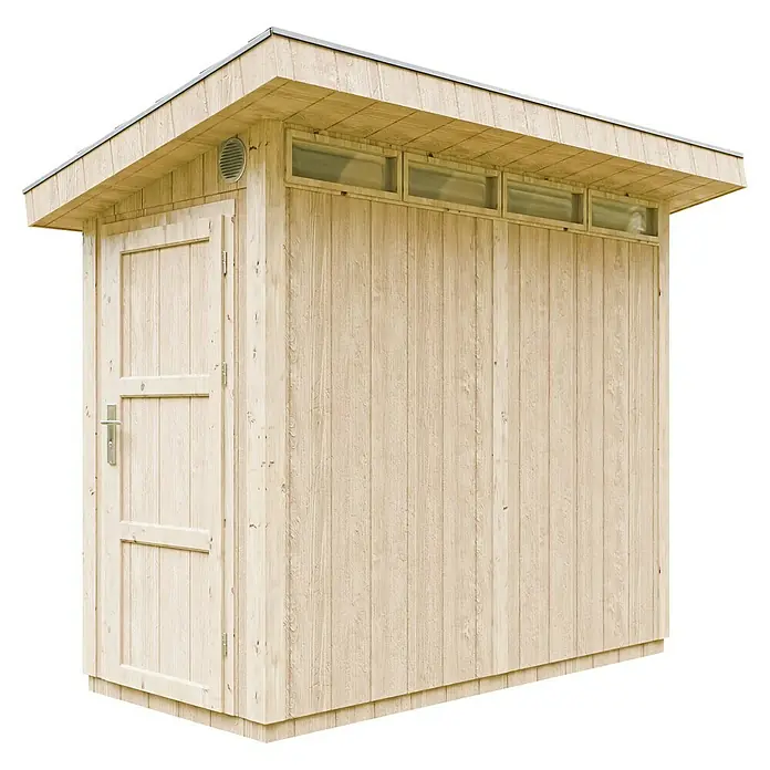 Timbela Gerätehaus M901 - Außenmaß inkl. Dachüberstand (B x T): 294 x 161 cm, Holz, Natur, Einzeltür - Helle Holzgartenhütte mit Tür, Oberlichtern und Lüftungsgitter, ideal zur Aufbewahrung von Gartengeräten und Zubehör.