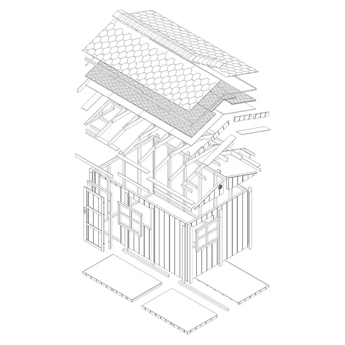 Timbela Gerätehaus M914 - Außenmaß inkl. Dachüberstand (B x T): 412 x 250 cm, Holz, Natur, Einzeltür - Explosionszeichnung eines Gartenhauses, das die einzelnen Bauelemente wie Dach, Wände, Fenster und Boden zeigt.