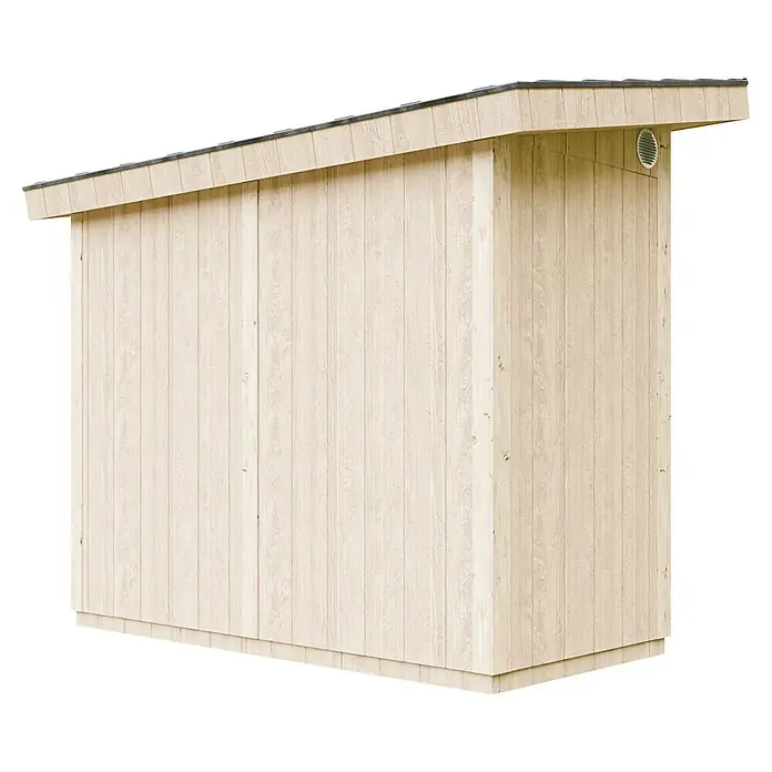 Timbela Gerätehaus M901 - Außenmaß inkl. Dachüberstand (B x T): 294 x 161 cm, Holz, Natur, Einzeltür - Außenansicht eines hellen Holzschuppens mit geneigtem Dach und Lüftungsgitter. Die Holzverkleidung ist vertikal angeordnet.