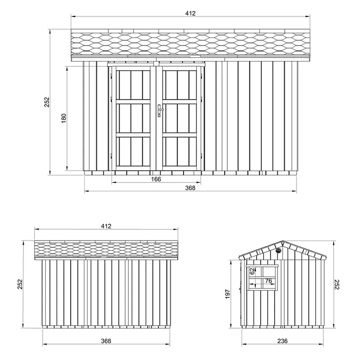 Timbela Gerätehaus M914A - Außenmaß inkl. Dachüberstand (B x T): 412 x 250 cm, Holz, Natur, Doppeltür - Schemazeichnung eines Gartenhauses mit Tür und Fenster, zeigt die Abmessungen und Details der Konstruktion.