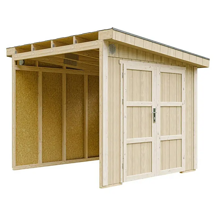 Timbela Gerätehaus M938B - Außenmaß inkl. Dachüberstand (B x T): 248 x 294 cm, Holz, Natur - Abbildung eines Holzschuppens mit Doppeltür und offenem Lagerbereich, ideal für Gartenwerkzeuge und -ausrüstung.