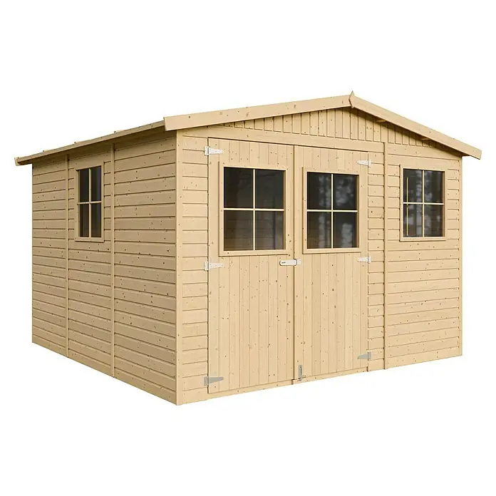 Timbela Gerätehaus M335 - Außenmaß inkl. Dachüberstand (B x T): 324 x 316 cm, Holz, Natur, Ohne Fußboden - Helles Holzgartenhaus mit Fenstern und Doppeltür. Das Gartenhaus bietet Stauraum und ist durch die Fenster lichtdurchflutet.