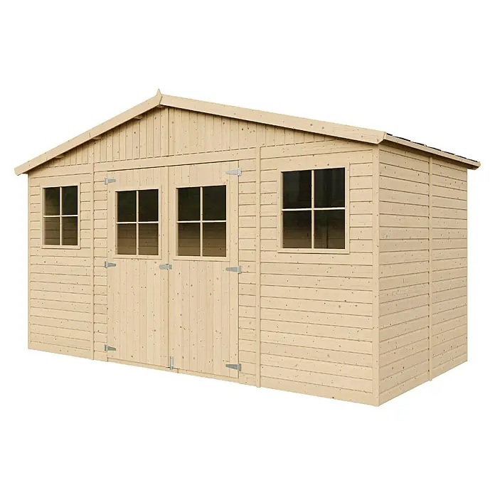 Timbela Gerätehaus M332+M332G - Außenmaß inkl. Dachüberstand (B x T): 418 x 220 cm, Holz, Natur, Mit Fußboden - Abbildung eines Holzschuppens mit Doppeltüren und Fenstern, ideal für die Gartenaufbewahrung.