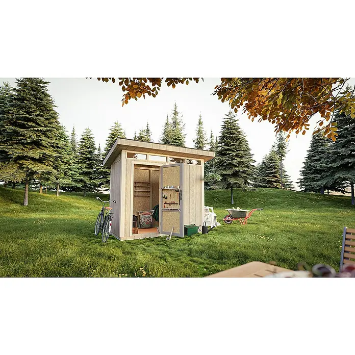 Timbela Gerätehaus M901 - Außenmaß inkl. Dachüberstand (B x T): 294 x 161 cm, Holz, Natur, Einzeltür - Gartenschuppen aus Holz mit geöffneten Türen, umgeben von Grünflächen und Bäumen, bietet Stauraum und Organisation für Gartengeräte.