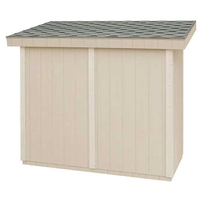Timbela Gerätehaus M901 - Außenmaß inkl. Dachüberstand (B x T): 294 x 161 cm, Holz, Natur, Einzeltür - Detailansicht eines Gerätehauses mit Satteldach und beiger Holzverkleidung. Die Konstruktion wirkt stabil und wetterfest.
