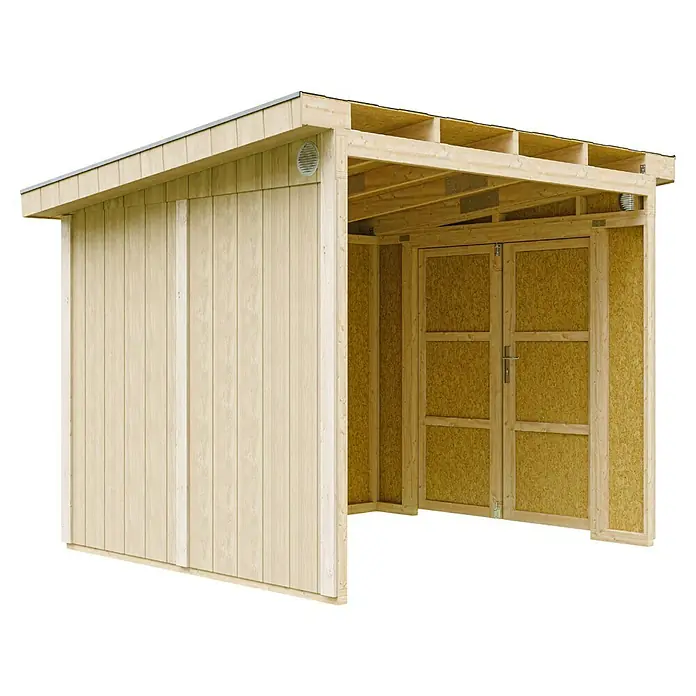 Timbela Gerätehaus M938B - Außenmaß inkl. Dachüberstand (B x T): 248 x 294 cm, Holz, Natur - Ansicht eines offenen Holzschuppens mit Doppeltür. Der Schuppen hat ein geneigtes Dach und eine natürliche Holzfarbe.