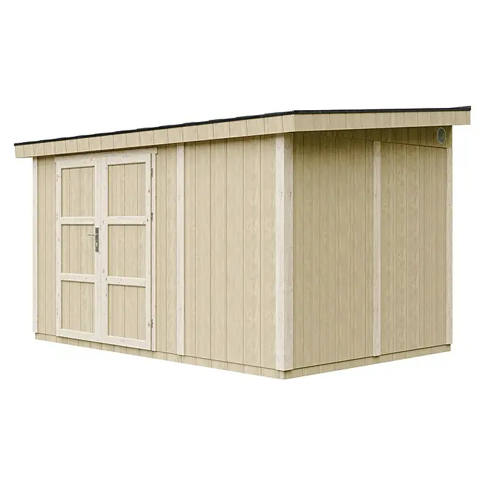 Timbela Gerätehaus M939B - Außenmaß inkl. Dachüberstand (B x T): 248 x 412 cm, Holz, Natur - Ein helles Holzgartenhaus mit Doppeltür und schrägem Dach bietet eine praktische und ästhetische Lösung für die Gartengeräteaufbewahrung.