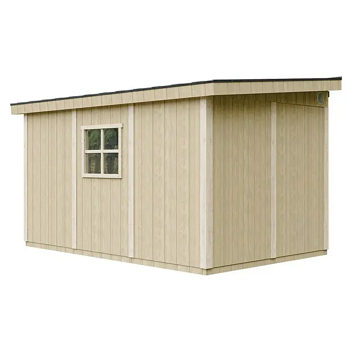 Timbela Gerätehaus M939B - Außenmaß inkl. Dachüberstand (B x T): 248 x 412 cm, Holz, Natur - Gartenschuppen aus Holz mit geneigtem Dach und kleinem Fenster zur Aufbewahrung von Gartengeräten und mehr.