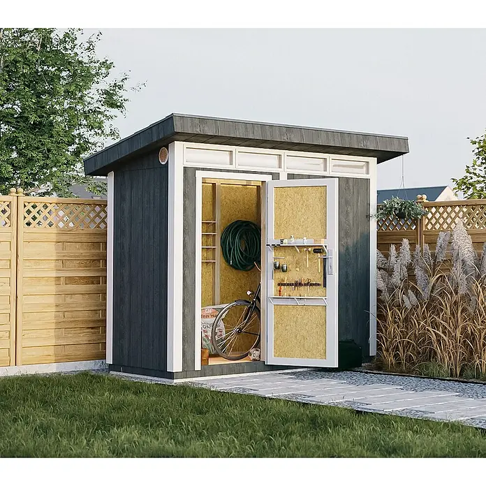 Timbela Gerätehaus M901 - Außenmaß inkl. Dachüberstand (B x T): 294 x 161 cm, Holz, Natur, Einzeltür - Dieser Gartenschuppen bietet viel Stauraum. Er hat einen Werkzeughalter an der Tür und bietet Platz für ein Fahrrad und andere Gartengeräte.