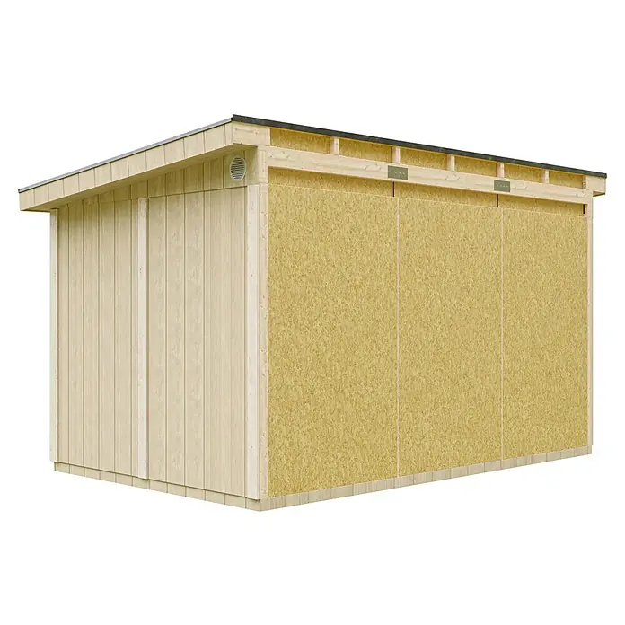 Timbela Gerätehaus M939B - Außenmaß inkl. Dachüberstand (B x T): 248 x 412 cm, Holz, Natur - Ansicht eines Holzschuppens mit Paneelwänden und einem Dach mit schwarzen Schindeln. Die Holzkonstruktion ist hell und wirkt robust.