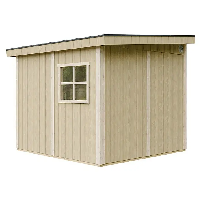 Timbela Gerätehaus M938B - Außenmaß inkl. Dachüberstand (B x T): 248 x 294 cm, Holz, Natur - Helles Holzgartenhaus mit geneigtem Dach und Fenster. Ideal für die Aufbewahrung von Gartengeräten und Werkzeugen.