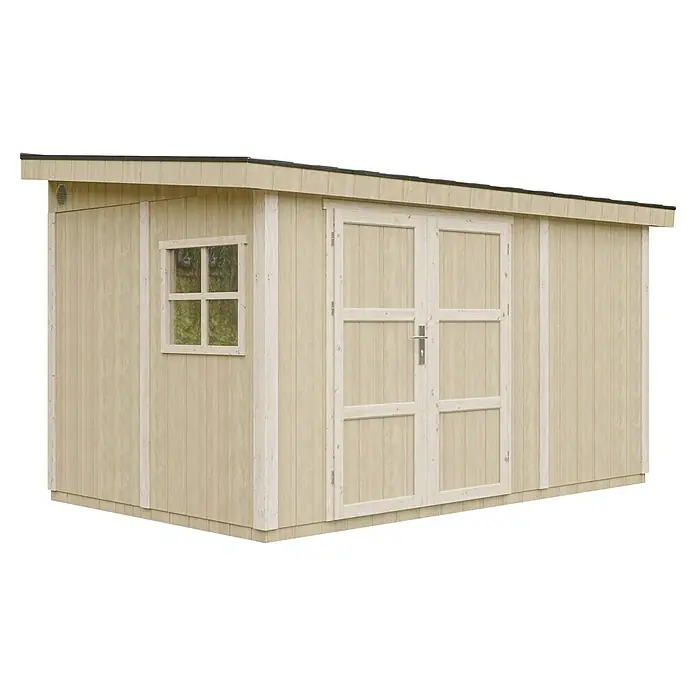 Timbela Gerätehaus M939B - Außenmaß inkl. Dachüberstand (B x T): 248 x 412 cm, Holz, Natur - Ein geräumiges Gartenhaus in hellem Holz mit Doppeltür und Fenster bietet viel Stauraum für Gartengeräte und mehr.