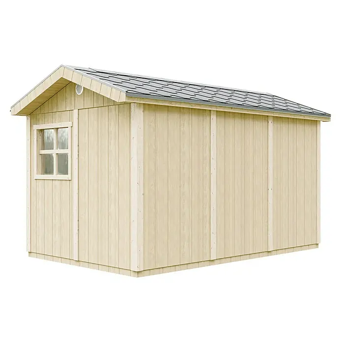 Timbela Gerätehaus M914 - Außenmaß inkl. Dachüberstand (B x T): 412 x 250 cm, Holz, Natur, Einzeltür - Ein helles Holzgartenhaus mit Fenster und Satteldach bietet Stauraum. Ideal für Gartenwerkzeug und -möbel.
