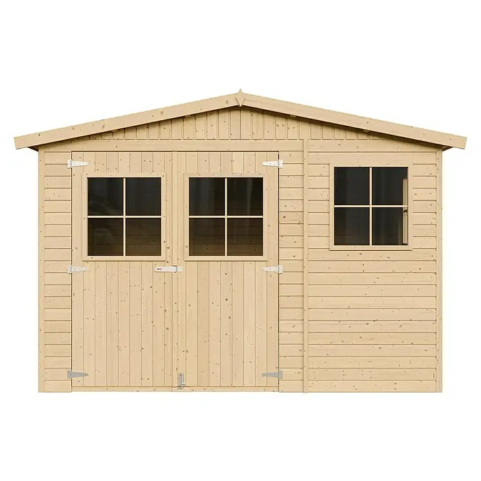 Timbela Gerätehaus M335 - Außenmaß inkl. Dachüberstand (B x T): 324 x 316 cm, Holz, Natur, Ohne Fußboden - Nahaufnahme eines Holzschuppens mit Doppeltür und Fenster, der natürliche Charme und praktische Aufbewahrungslösungen bietet.