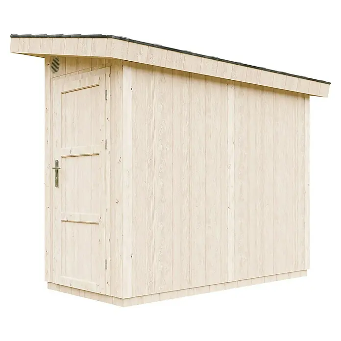Timbela Gerätehaus M901 - Außenmaß inkl. Dachüberstand (B x T): 294 x 161 cm, Holz, Natur, Einzeltür - Ein helles Holzgartenhaus mit schrägem Dach, ideal für die Aufbewahrung von Gartengeräten und -zubehör im Außenbereich.