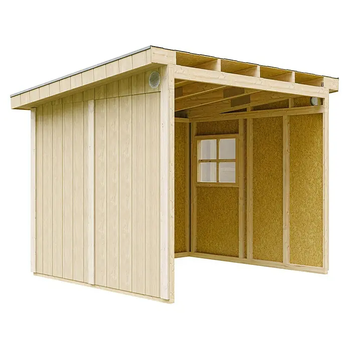 Timbela Gerätehaus M938B - Außenmaß inkl. Dachüberstand (B x T): 248 x 294 cm, Holz, Natur - Holzschuppen mit seitlicher Holzverkleidung und offenem Anbau, ideal für Gartenwerkzeuge und Außenbereiche.