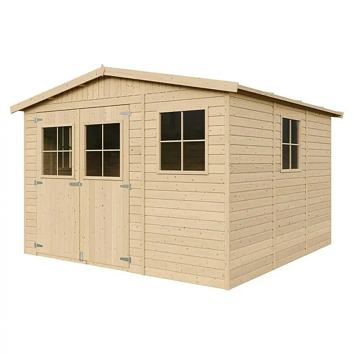 Timbela Gerätehaus M335 - Außenmaß inkl. Dachüberstand (B x T): 324 x 316 cm, Holz, Natur, Ohne Fußboden - Helles Holzgartenhaus mit Doppeltüren und Fenstern. Ideal für die Aufbewahrung von Gartengeräten und als Werkstatt.