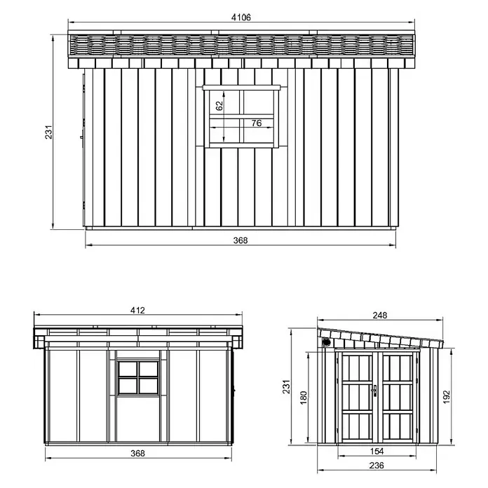 Timbela Gerätehaus M939B - Außenmaß inkl. Dachüberstand (B x T): 248 x 412 cm, Holz, Natur - Abbildung eines Gartenhauses mit genauen Maßangaben zu Länge, Breite und Höhe.