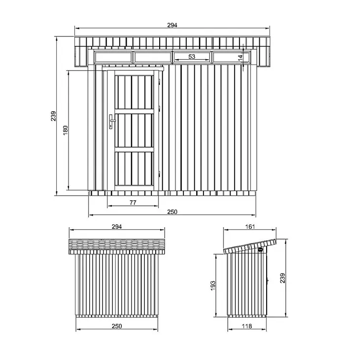 Timbela Gerätehaus M901 - Außenmaß inkl. Dachüberstand (B x T): 294 x 161 cm, Holz, Natur, Einzeltür - Technische Zeichnung eines Gerätehauses mit Abmessungen.