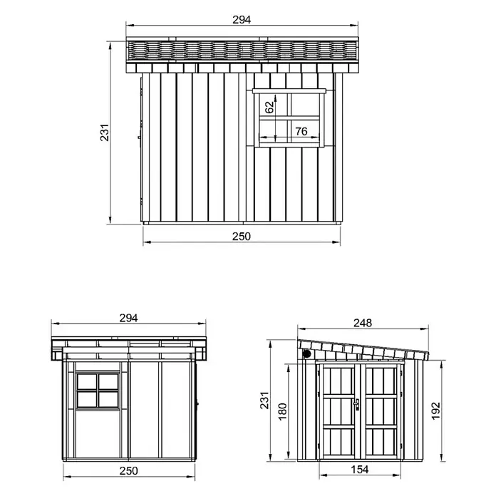 Timbela Gerätehaus M938B - Außenmaß inkl. Dachüberstand (B x T): 248 x 294 cm, Holz, Natur - Dreiseitenansicht eines kleinen Gartenhauses mit den Maßen 294 x 250 x 231 cm.