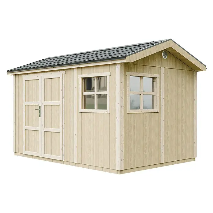 Timbela Gerätehaus M914A - Außenmaß inkl. Dachüberstand (B x T): 412 x 250 cm, Holz, Natur, Doppeltür - Ein helles Gartenhaus mit Doppeltür und zwei Fenstern. Das Dach ist grau und die Wände sind hellbraun gestrichen.