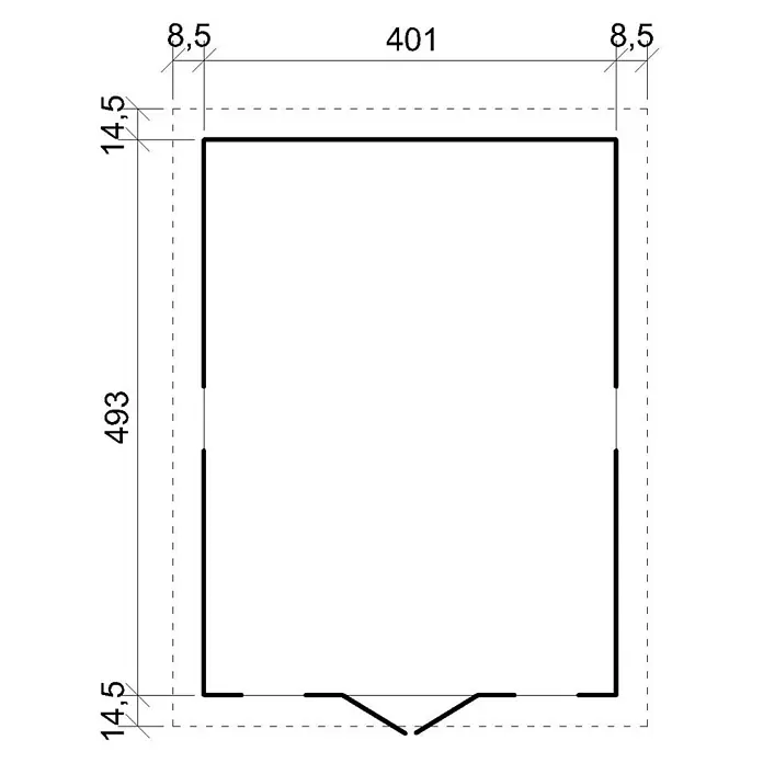 Timbela Gerätehaus M333+M333G - Außenmaß inkl. Dachüberstand (B x T): 418 x 522 cm, Holz, Natur, Mit Fußboden - Grundrisszeichnung eines rechteckigen Bauwerks mit den Maßen 401 x 493 cm und zusätzlichen Details.