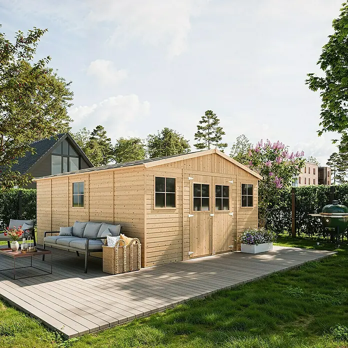 Timbela Gerätehaus M333+M333G - Außenmaß inkl. Dachüberstand (B x T): 418 x 522 cm, Holz, Natur, Mit Fußboden - Gartenhaus aus Holz mit Terrasse, Sitzgelegenheit und Grill für entspannte Stunden im Freien. Das perfekte Gartenhaus!