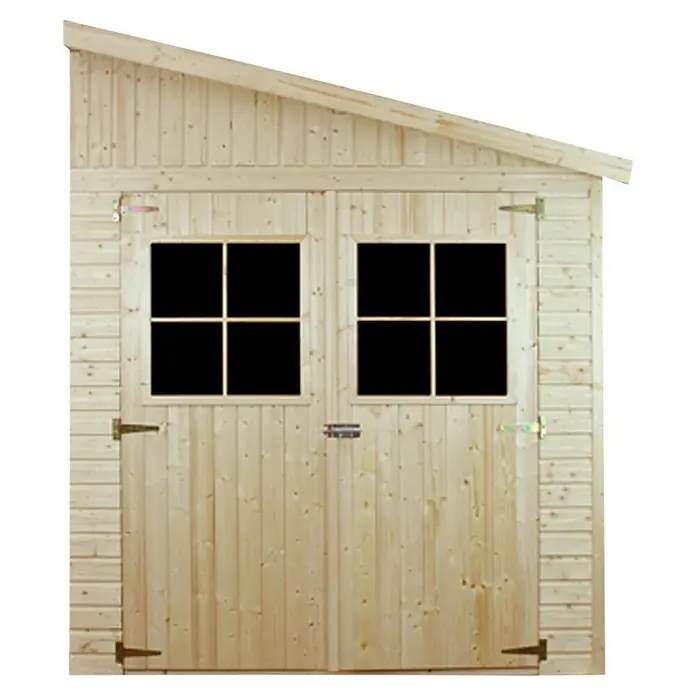Timbela Gerätehaus M339A - Außenmaß inkl. Dachüberstand (B x T): 218 x 318 cm, Holz, Natur, Ohne Fußboden - Abbildung eines Holzschuppens mit Doppeltür und Fenstern, ideal für Gartenutensilien und Werkzeuge.