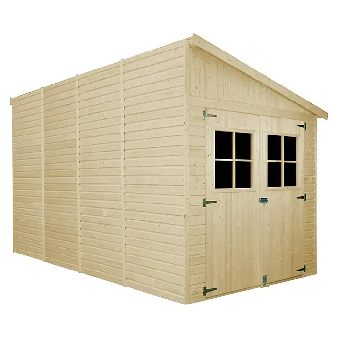 Timbela Gerätehaus M340A - Außenmaß inkl. Dachüberstand (B x T): 218 x 416 cm, Holz, Natur, Ohne Fußboden - Bild eines Holzgartenschuppens mit Doppeltüren und Fenstern.