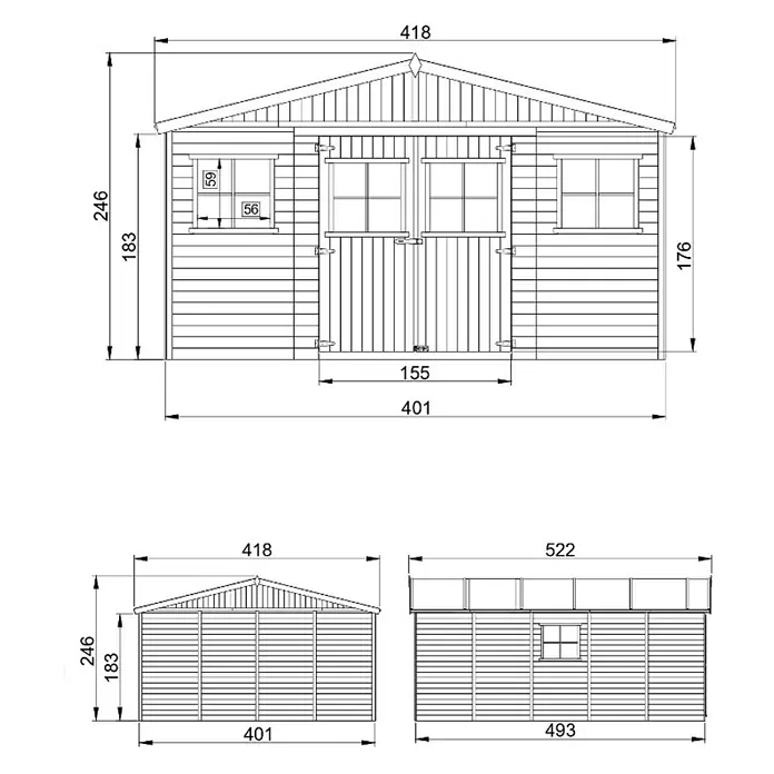 Timbela Gerätehaus M333+M333G - Außenmaß inkl. Dachüberstand (B x T): 418 x 522 cm, Holz, Natur, Mit Fußboden - Detaillierte technische Zeichnung eines Gartenhauses mit Maßangaben für Konstruktion und Planung.