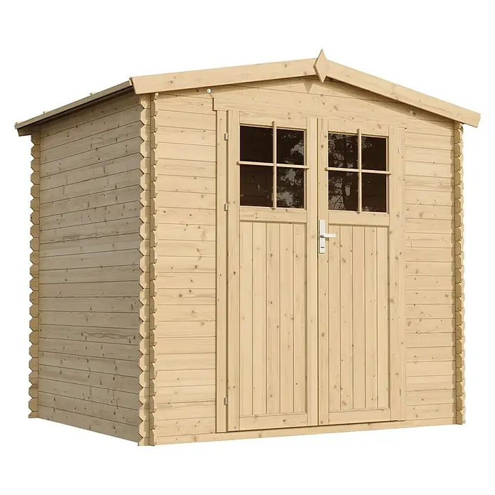 Timbela Gartenhaus M369F - Außenmaß inkl. Dachüberstand (B x T): 236 x 226 cm, Holz, Natur, Ohne Fußboden - Dieses Bild zeigt ein geräumiges Gartenhaus aus hellem Holz mit Doppeltür und Fenstern, ideal zur Aufbewahrung von Gartengeräten und mehr.