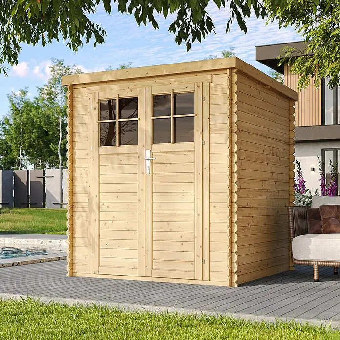 Timbela Gerätehaus M309F+M309G - Außenmaß inkl. Dachüberstand (B x T): 204 x 204 cm, Holz, Natur, Ohne Fußboden - Geräumiges Gartenhaus aus Holz mit Doppeltür und Fenstern, ideal zur Aufbewahrung von Gartengeräten und -möbeln im Freien.
