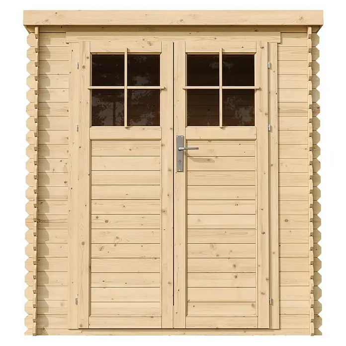 Timbela Gerätehaus M309F+M309G - Außenmaß inkl. Dachüberstand (B x T): 204 x 204 cm, Holz, Natur, Ohne Fußboden - Nahaufnahme einer Holztür mit Fenstern in einem Gartenhaus, die die natürliche Holzstruktur und das Design hervorhebt.