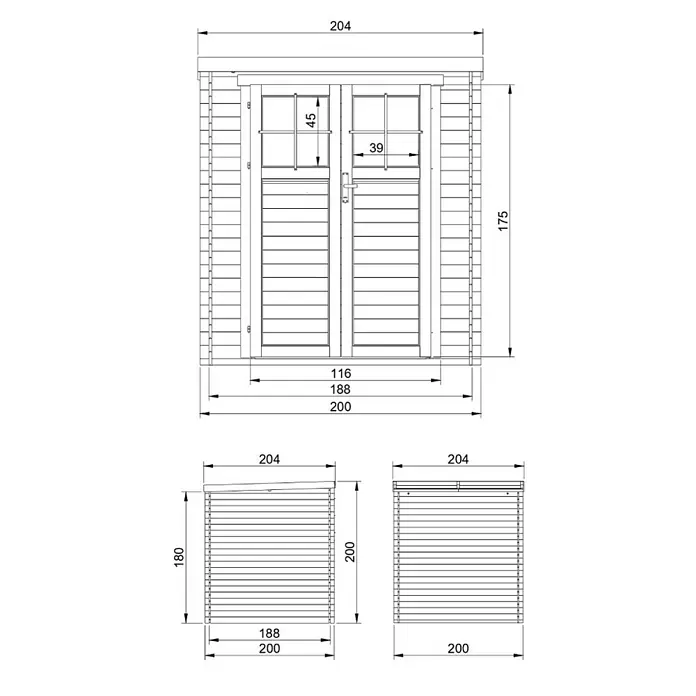 Timbela Gerätehaus M309F+M309G - Außenmaß inkl. Dachüberstand (B x T): 204 x 204 cm, Holz, Natur, Ohne Fußboden - Schematische Darstellung eines Gartenhauses mit Bemaßung, das die Abmessungen des Hauses und der Türen zeigt.