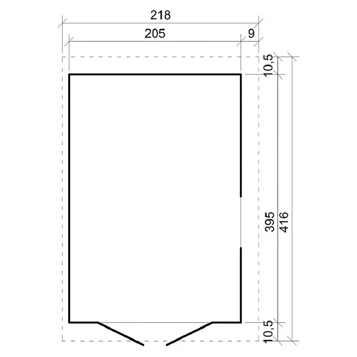 Timbela Gerätehaus M340A - Außenmaß inkl. Dachüberstand (B x T): 218 x 416 cm, Holz, Natur, Ohne Fußboden - Draufsicht des Grundrisses mit Maßangaben. Die Maße des Gebäudes sind klar und präzise dargestellt.