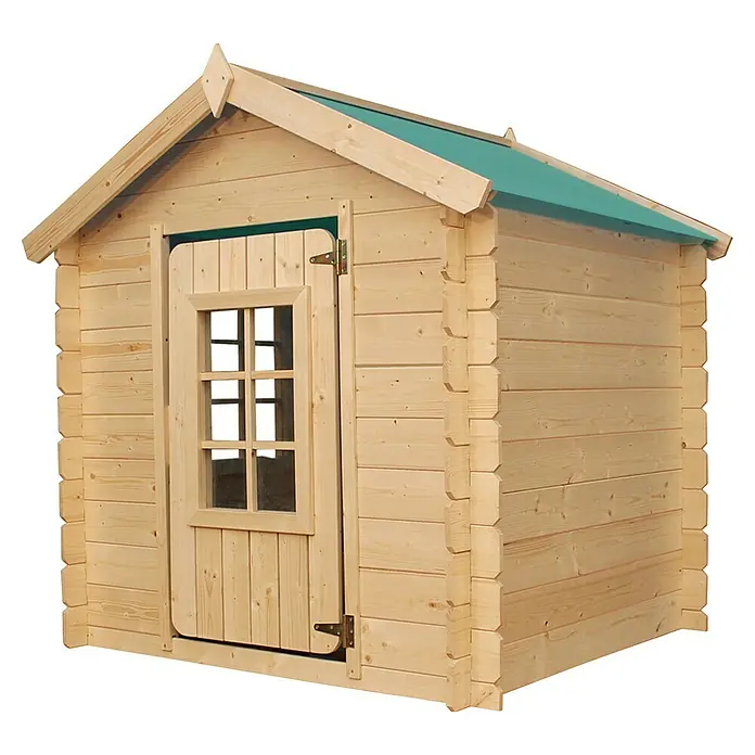 Timbela Spielhaus - L x B x H: 111 x 114 x 121 cm, Holz, Natur/Grün - Ein hölzernes Kinderspielhaus mit grünem Dach und einer Tür mit Fenster, ideal für den Garten.