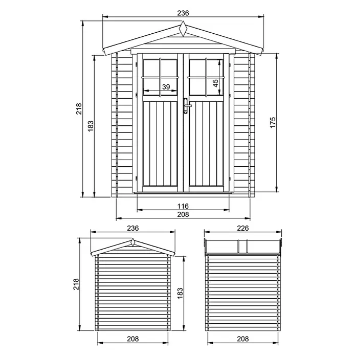 Timbela Gartenhaus M369F - Außenmaß inkl. Dachüberstand (B x T): 236 x 226 cm, Holz, Natur, Ohne Fußboden - Technische Zeichnung eines Gerätehauses mit Maßangaben zu Höhe, Breite und Tiefe.