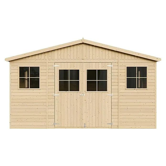 Timbela Gerätehaus M333+M333G - Außenmaß inkl. Dachüberstand (B x T): 418 x 522 cm, Holz, Natur, Mit Fußboden - Dieses Bild zeigt ein Holzgartenhaus mit Doppeltür und Fenstern, ideal für die Aufbewahrung von Gartengeräten oder als Werkstatt.