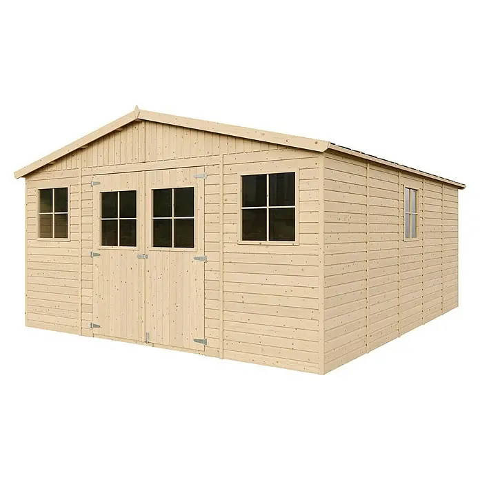 Timbela Gerätehaus M333 - Außenmaß inkl. Dachüberstand (B x T): 418 x 522 cm, Holz, Natur, Ohne Fußboden - Ein geräumiges Gartenhaus aus hellem Holz mit Doppeltür und mehreren Fenstern, ideal zur Aufbewahrung von Gartengeräten und Werkzeugen.