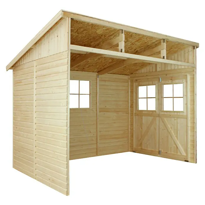 Timbela Gerätehaus M339+M339G - Außenmaß inkl. Dachüberstand (B x T): 216 x 318 cm, Holz, Natur, Mit Fußboden - Ansicht eines unfertigen Holzschuppens mit Fenster und einer Doppeltür, der die Holzkonstruktion zeigt.