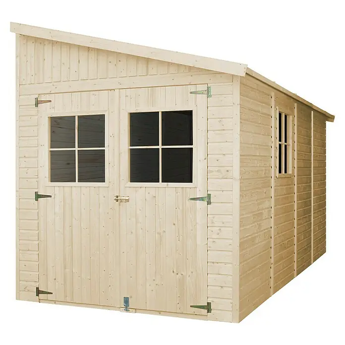Timbela Gerätehaus M340A - Außenmaß inkl. Dachüberstand (B x T): 218 x 416 cm, Holz, Natur, Ohne Fußboden - Holzlager mit Doppeltür und Fenster für den Garten.