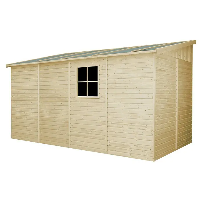 Timbela Gerätehaus M340A - Außenmaß inkl. Dachüberstand (B x T): 218 x 416 cm, Holz, Natur, Ohne Fußboden - Holzschuppen mit Fenster und geneigtem Dach zur Lagerung von Gartengeräten oder als Werkstatt.