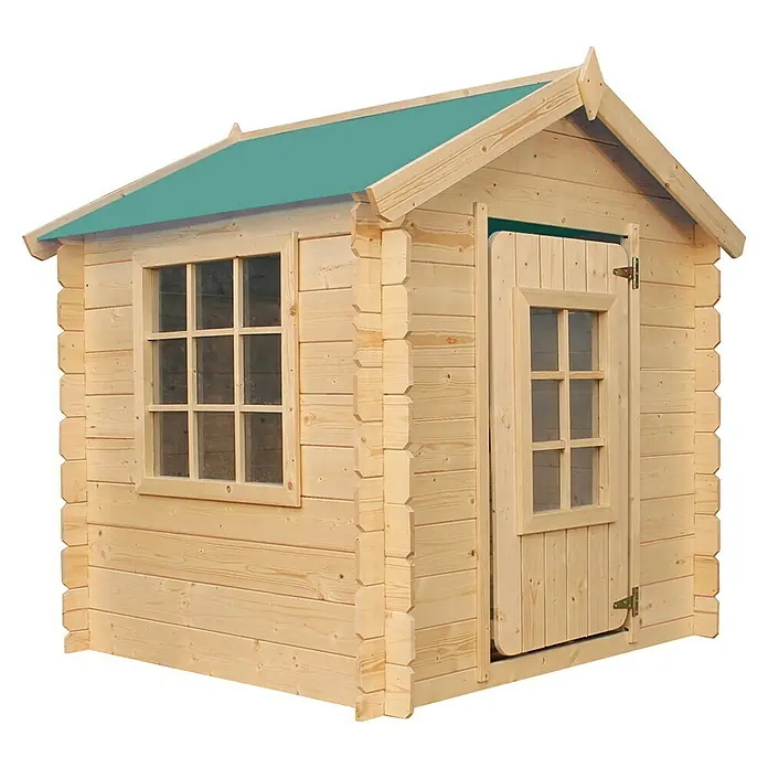 Timbela Spielhaus - L x B x H: 111 x 114 x 121 cm, Holz, Natur/Grün - Eine Blockhütte mit grünem Dach und Fenster. Eine charmante und robuste Spielhütte aus Holz für Kinder zum Spielen und Spaß haben im Freien.