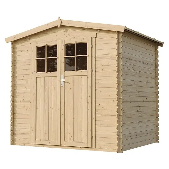 Timbela Gartenhaus M369F - Außenmaß inkl. Dachüberstand (B x T): 236 x 226 cm, Holz, Natur, Ohne Fußboden - Ein geräumiges Holzgartenhaus mit Doppeltür und Fenstern für die Gartenaufbewahrung und Geräte.