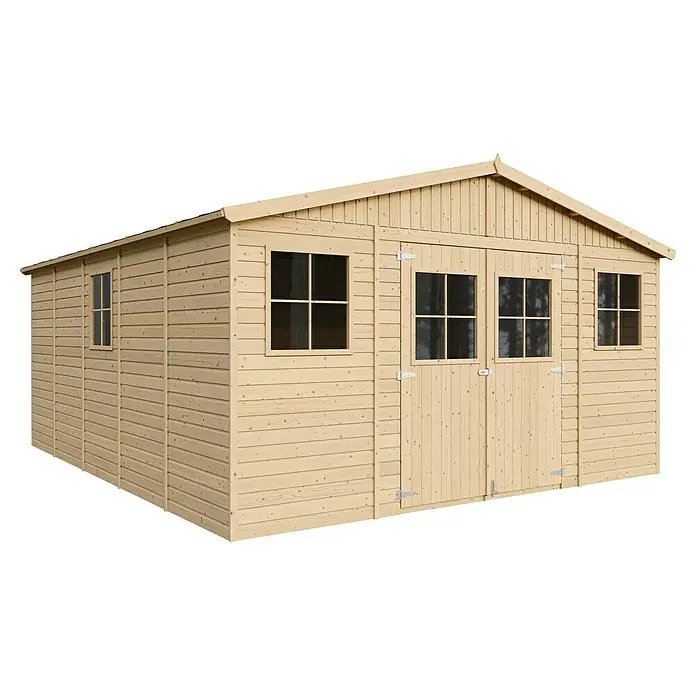 Timbela Gerätehaus M333+M333G - Außenmaß inkl. Dachüberstand (B x T): 418 x 522 cm, Holz, Natur, Mit Fußboden - Holzgartenhaus mit Doppeltür und Fenstern. Ideal für die Aufbewahrung von Gartengeräten und -möbeln.