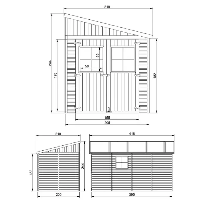 Timbela Gerätehaus M340A - Außenmaß inkl. Dachüberstand (B x T): 218 x 416 cm, Holz, Natur, Ohne Fußboden - Abbildung eines Gartenhauses mit den Maßen 218x416 cm. Die Zeichnung zeigt das Gerätehaus von vorne und von der Seite.