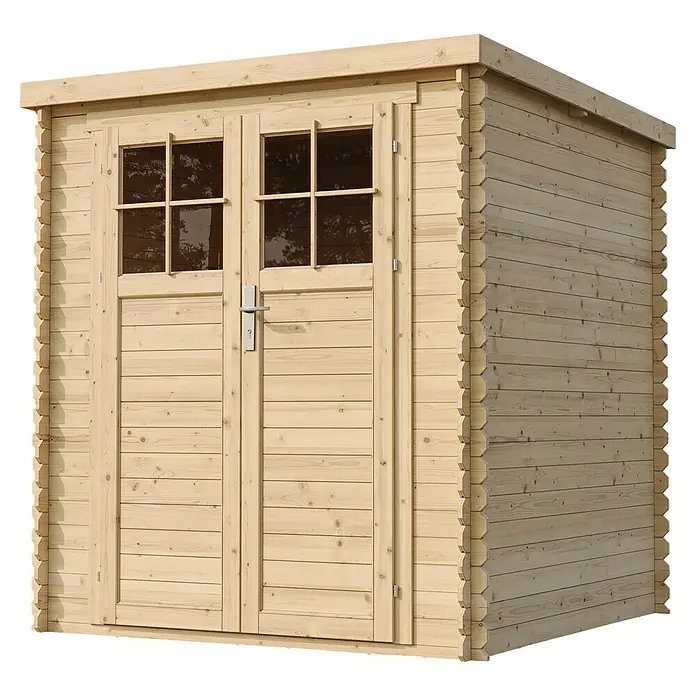 Timbela Gerätehaus M309F+M309G - Außenmaß inkl. Dachüberstand (B x T): 204 x 204 cm, Holz, Natur, Ohne Fußboden - Gerätehaus aus hellem Holz mit Doppeltür und Fenster für den Garten oder die Terrasse.