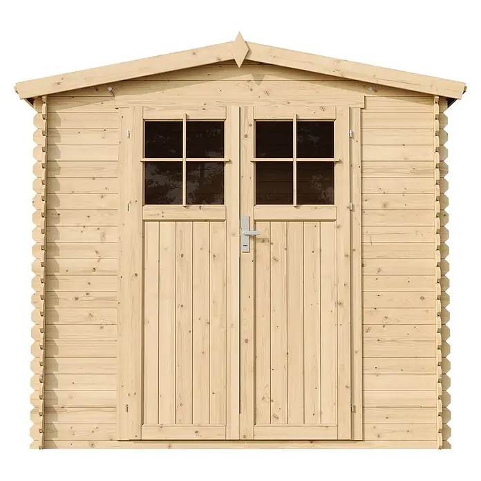 Timbela Gartenhaus M369F - Außenmaß inkl. Dachüberstand (B x T): 236 x 226 cm, Holz, Natur, Ohne Fußboden - Ein geräumiges Gartenhaus aus Holz mit Doppeltür und Fenstern für die Aufbewahrung von Gartengeräten und mehr.