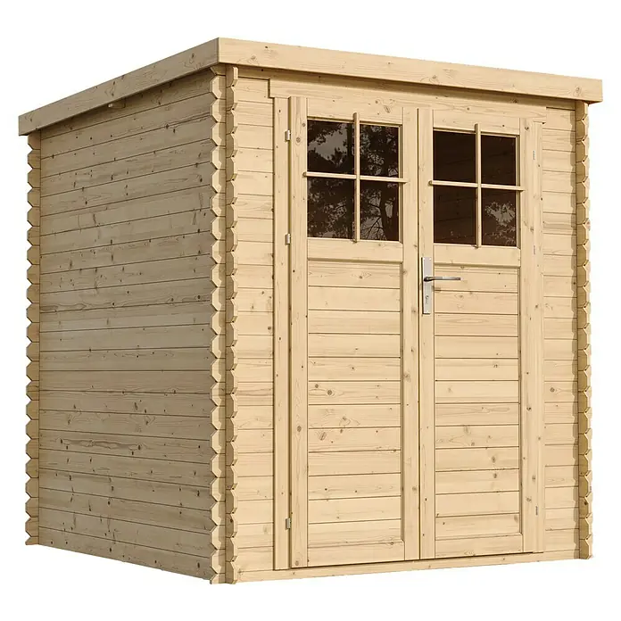 Timbela Gerätehaus M309F+M309G - Außenmaß inkl. Dachüberstand (B x T): 204 x 204 cm, Holz, Natur, Ohne Fußboden - Helle Holzgartenlaube mit Doppeltür und Fenstern, ideal für die Aufbewahrung von Gartengeräten und mehr.